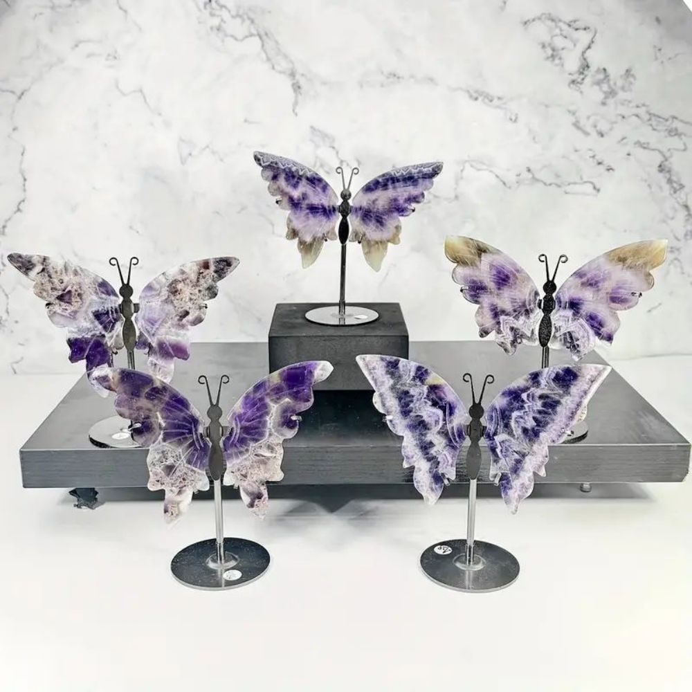 Dreamy Amethyst Natural Crystal Hand-carved Butterfly Wings Decorative with Base