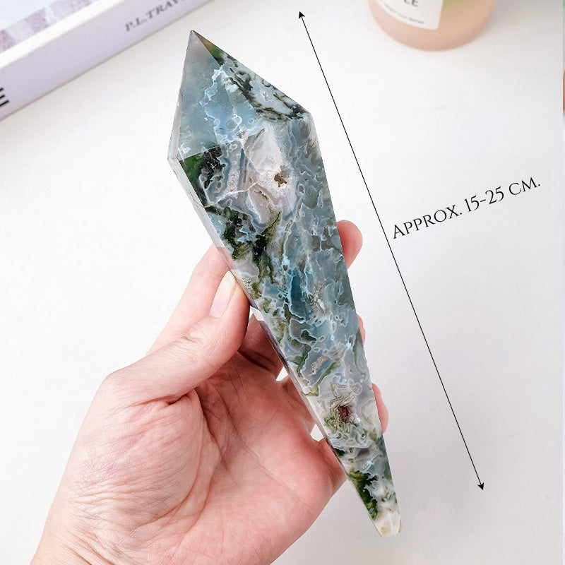 Natural Crystal Moss Agate Pendulum Hexagonal Single Pointed Pillar Scepter