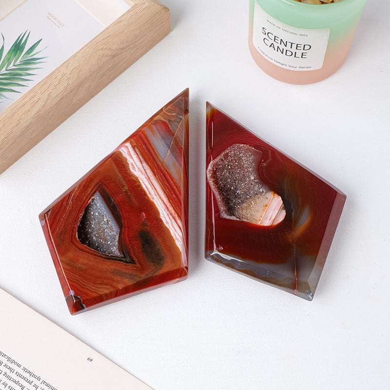 Natural Crystal Red Agate Druse Rhombus Form Handicrafts With Bracket