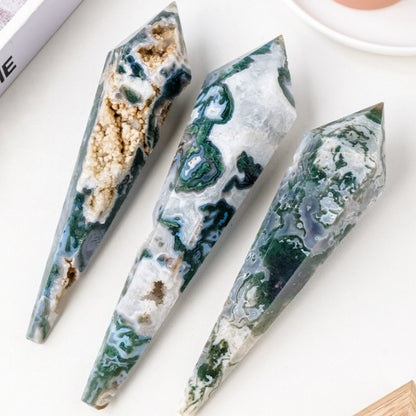 Natural Crystal Moss Agate Pendulum Hexagonal Single Pointed Pillar Scepter