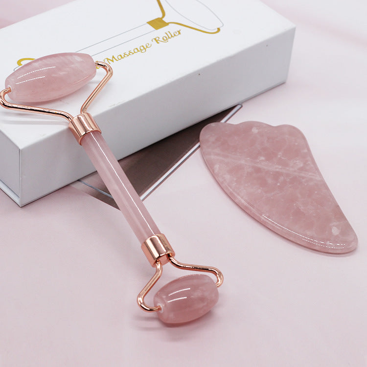 Natural Crystal Rose Quartz Facial Roller Massage Set Massager and Gua Sha Tool