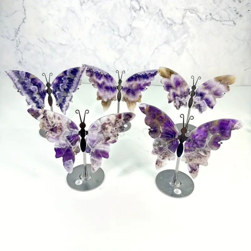 Dreamy Amethyst Natural Crystal Hand-carved Butterfly Wings Decorative with Base