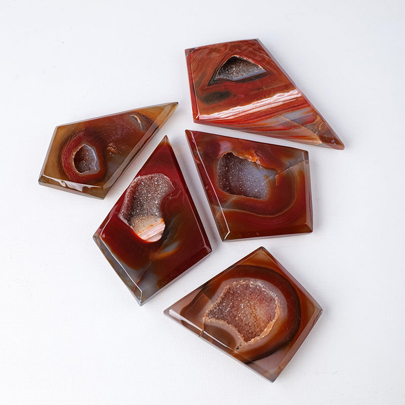 Natural Crystal Red Agate Druse Rhombus Form Handicrafts With Bracket