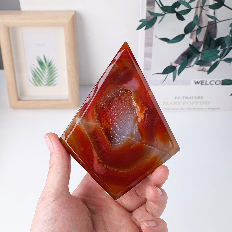 Natural Crystal Red Agate Druse Rhombus Form Handicrafts With Bracket