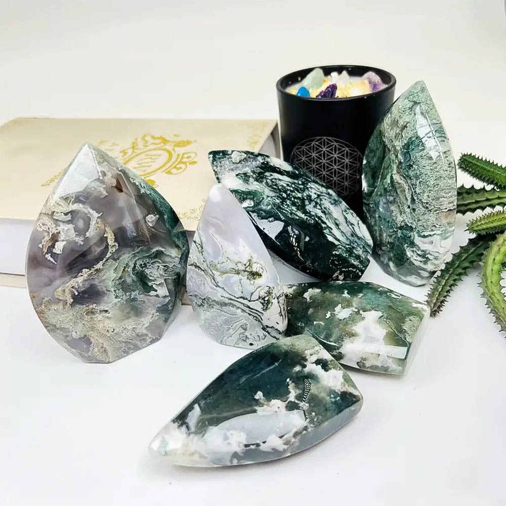 Natural Crystal Moss Agate Teardrop Ornament Raw Stone Hand Polished