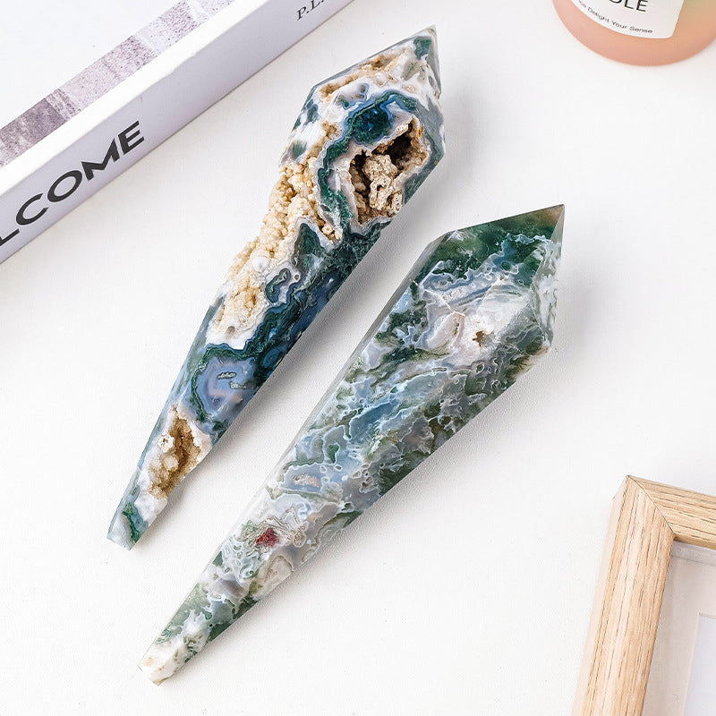 Natural Crystal Moss Agate Pendulum Hexagonal Single Pointed Pillar Scepter