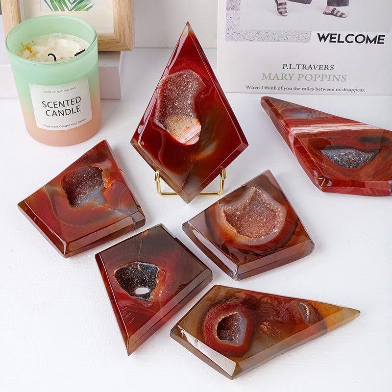 Natural Crystal Red Agate Druse Rhombus Form Handicrafts With Bracket