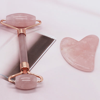 Natural Crystal Rose Quartz Facial Roller Massage Set Massager and Gua Sha Tool